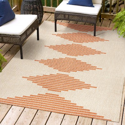 Beige and Orange Striped Synthetic Indoor/Outdoor Rug
