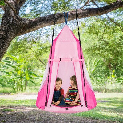 Pink 40'' Kids Hanging Chair Swing Tent with Galvanized Pipe Frame