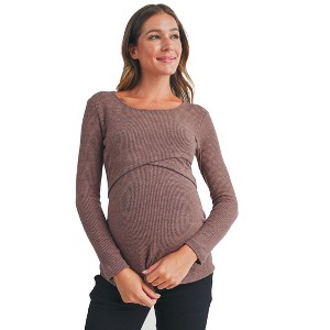 Hello Miz Women's Ribbed Long Sleeve Round Neck Maternity Nursing Top - 1 of 4