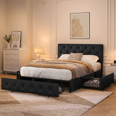 Yaheetech Upholstered Bedframe with Diamond Button Tufted Adjustable Headboard and 3 Storage Drawers