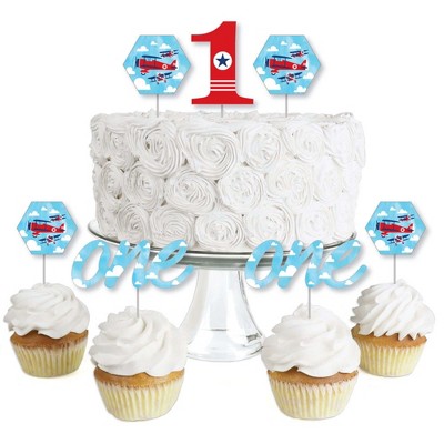 Big Dot of Happiness 1st Birthday Taking Flight - Airplane - Dessert Cupcake Toppers - Vintage Plane First Birthday Party Clear Treat Picks - 24 Ct
