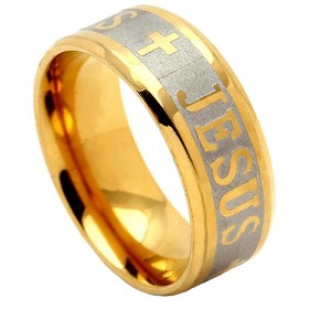 Jesus Cross Wedding Band Ring for Women or Men Gold over Stainless Steel by Ginger Lyne Collection - 1 of 4