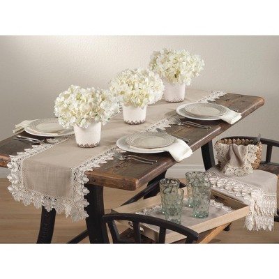Taupe Lace Trimmed Rectangular Fabric Tablecloth, 65" x 180"