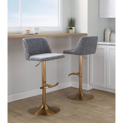 Grey Noise Fabric Gold Metal Adjustable Swivel Barstools Set of 2