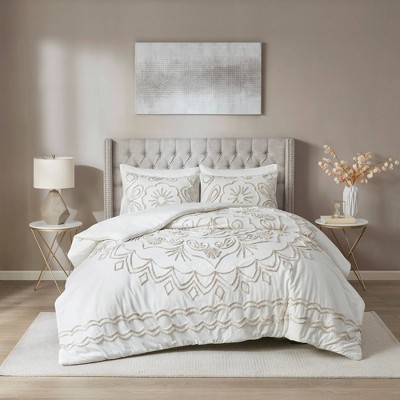 Ivory and Taupe Tufted Cotton Chenille Full/Queen Duvet Cover Set