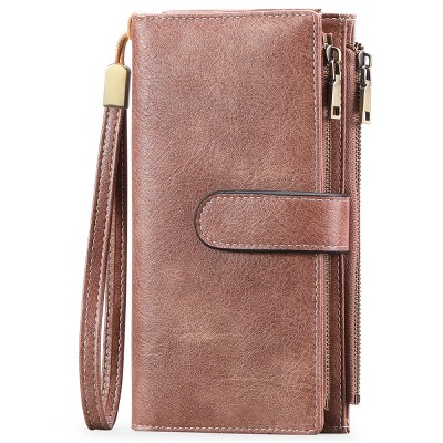 BEAFUP Womens Wallets,Large Capacity Credit Card Holder RFID,Wallet Women Double Zipper Pocket Leather Bifold Ladies Wristlet Clutch Wallet,Pink