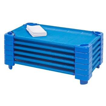 ECR4Kids Stackable Kiddie Cot with Sheet, Toddler Size, Classroom Furniture, Blue, 6-Pack