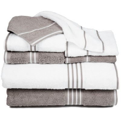 grey and white striped bath towels