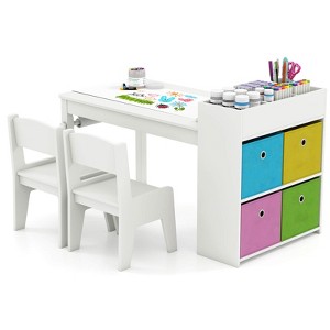 Costway Kids Art Table & Chairs Set with Paper Roll Wooden Craft Study Desk Active Play Gray/Natural - 1 of 4