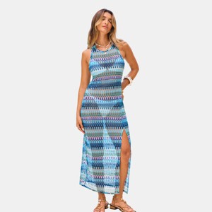 Women's Blue Vibrant Printed Maxi Cover Up Dress with Side Slit - Cupshe - 1 of 4