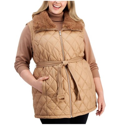 Calvin Klein Womens Quilt Faux Fur Vest