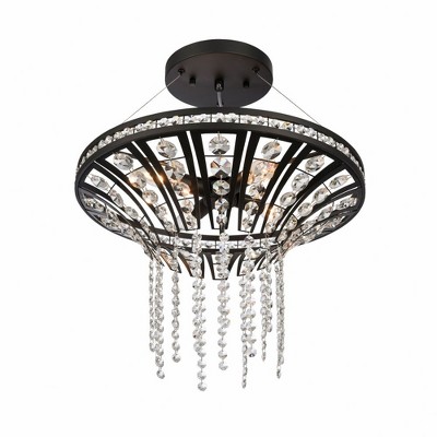 Matte Black Crystal 4-Light Chandelier with Clear Shade