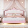 Full/Twin Size Upholstered Princess Bed With Crown Headboard, Light Strips and Golden Metal Legs, White+Pink 4W - ModernLuxe - 2 of 4