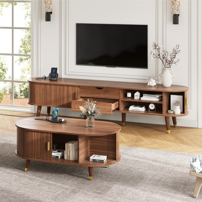 42.5"W Wooden Oval Fluted Coffee Table w/Charging Station, Mid-Century Center Table with Sliding Tambour Door, Solid Wood Legs for Living Room, Black