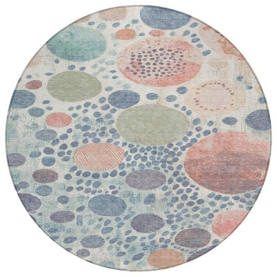 Denim Blue Peach And Artichoke Green Geometric Washable Indoor Outdoor Area Rug