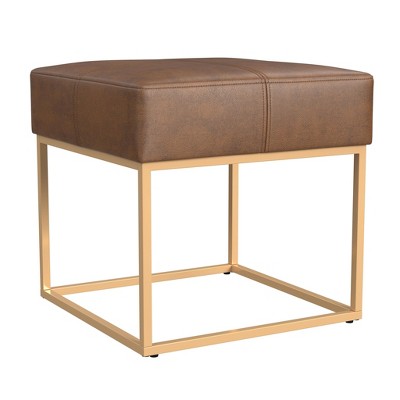 Small Brown Faux Leather Ottoman with Metal Frame