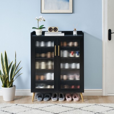 Shoe Cabinet with Glass Doors, 5-Tier Entryway Shoe Organizer Storage Rack with Large Storage and Adjustable Shelves for Hallway, Living Room