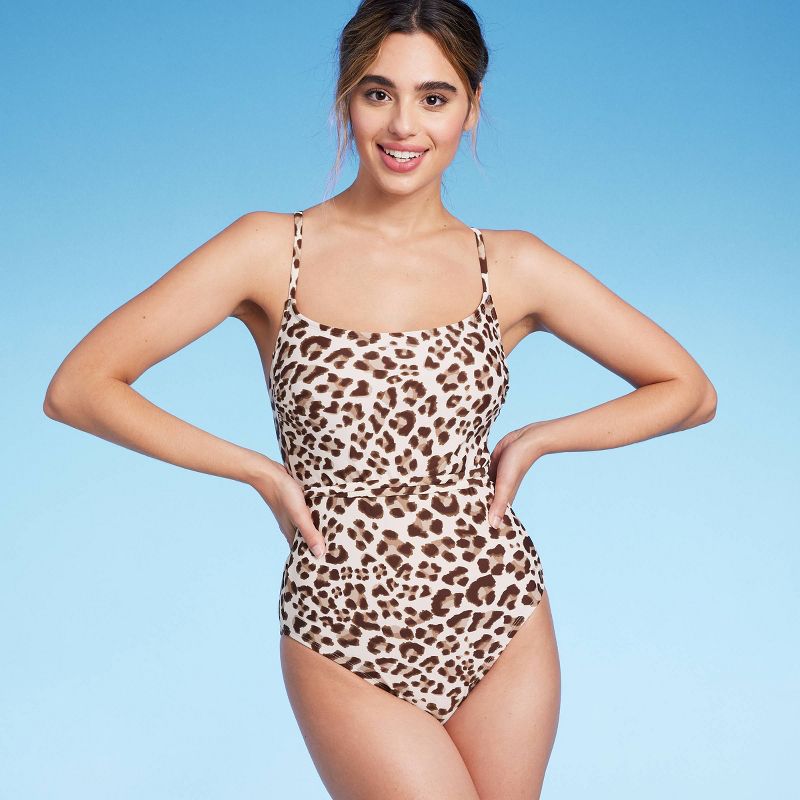 Women's Leopard Print Wrap Belt Medium Coverage One Piece Swimsuit - Kona Sol™ Beige, 3 of 11