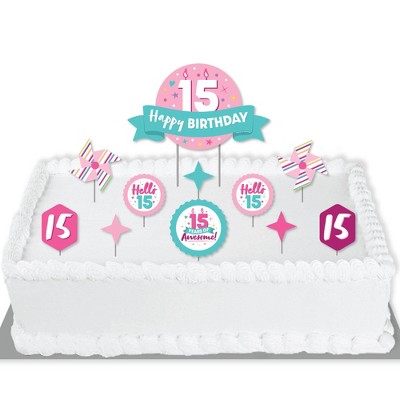 Big Dot of Happiness Girl 15th Birthday - Teen Birthday Party Cake Decorating Kit - Happy Birthday Cake Topper Set - 11 Pieces