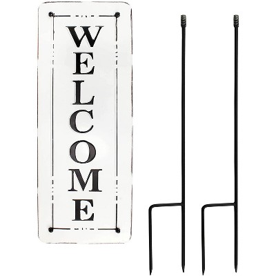 AuldHome Design Metal Outdoor Welcome Sign; Black and White Enamel Coated Steel Yard Sign