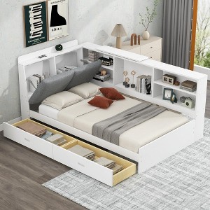 Twin Size Platform Bed, Wood Bed Frame with Built-in Storage Shelves and Box, 2 Drawers, Rotatable Storage Board, Upholstered Headboard, Platform Bed - 1 of 4
