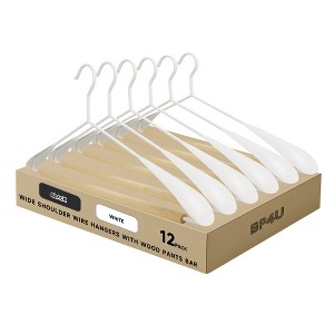 BP4U Heavy Duty Metal Wide Shoulder Hangers with Beech Wood Pants Bar, Welded Suit Hangers with Ergonomic Shape-Preserving Design  - Black/White - 1 of 4