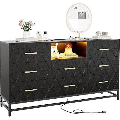 Jojoka 8 Deep Black Drawer Dresser for Bedroom with Charging Station and LED Lights, Black