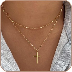 Small Cross Pendant Necklace Gold Silver Plated Waterproof Christian Faith Jewelry 08 Stack Cross CZ Necklace - Gold - 1 of 4