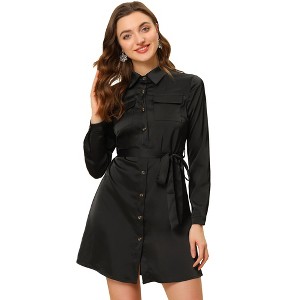 INSPIRE CHIC Women's Long Sleeve Button Satin Shirtdress with Belt - 1 of 4