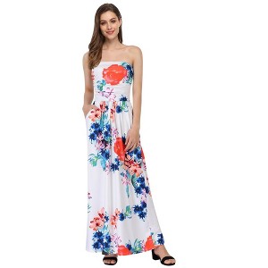 Women Strapless Floral Print Bohemian Boho Maxi Dress Casual Off Shoulder Beach Party Dress with Pockets - 1 of 4