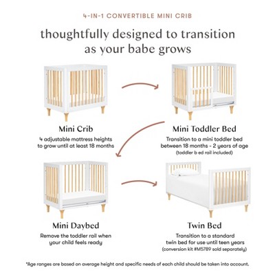 White and Natural Pine 4-in-1 Convertible Mini Crib