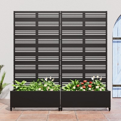 SpassWay Black Metal Planter Box with Trellis Raised Garden Bed with Arbor Privacy Screen with Wheels