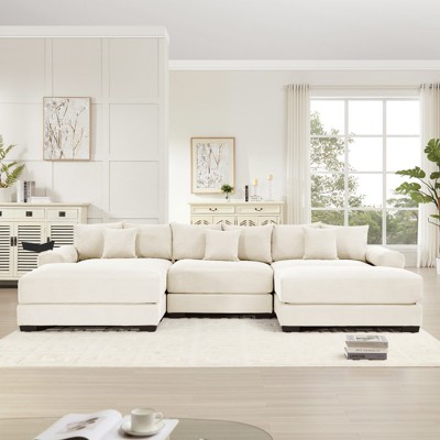 Aukfa Oversized 130" Modular Sectional Sofa with 2 Ottoman, Cream Corduroy, Thick Armrests, Ergonomic Cushions, Easy Assembly for Living Room