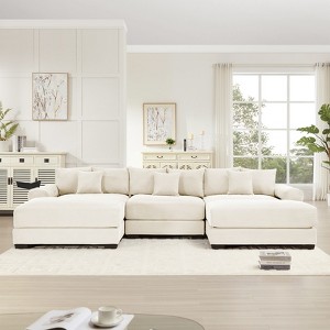 Aukfa Oversized 130" Modular Sectional Sofa with 2 Ottoman, Cream Corduroy, Thick Armrests, Ergonomic Cushions, Easy Assembly for Living Room - 1 of 4