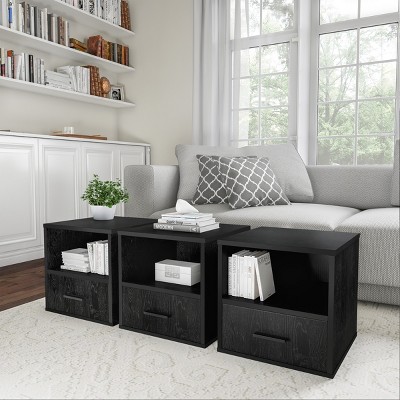 Black Wood and Metal Stackable Cube End Table with Drawer