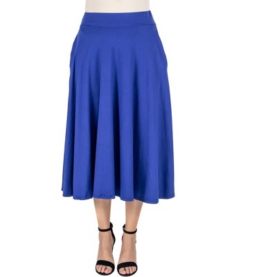 24seven Comfort Apparel Elastic Waist Pleated Pocket Midi Skirt-navy-l ...