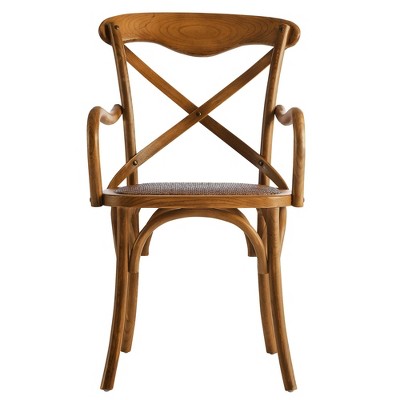 Farmhouse Walnut Wood Upholstered Arm Chair with Cross Back