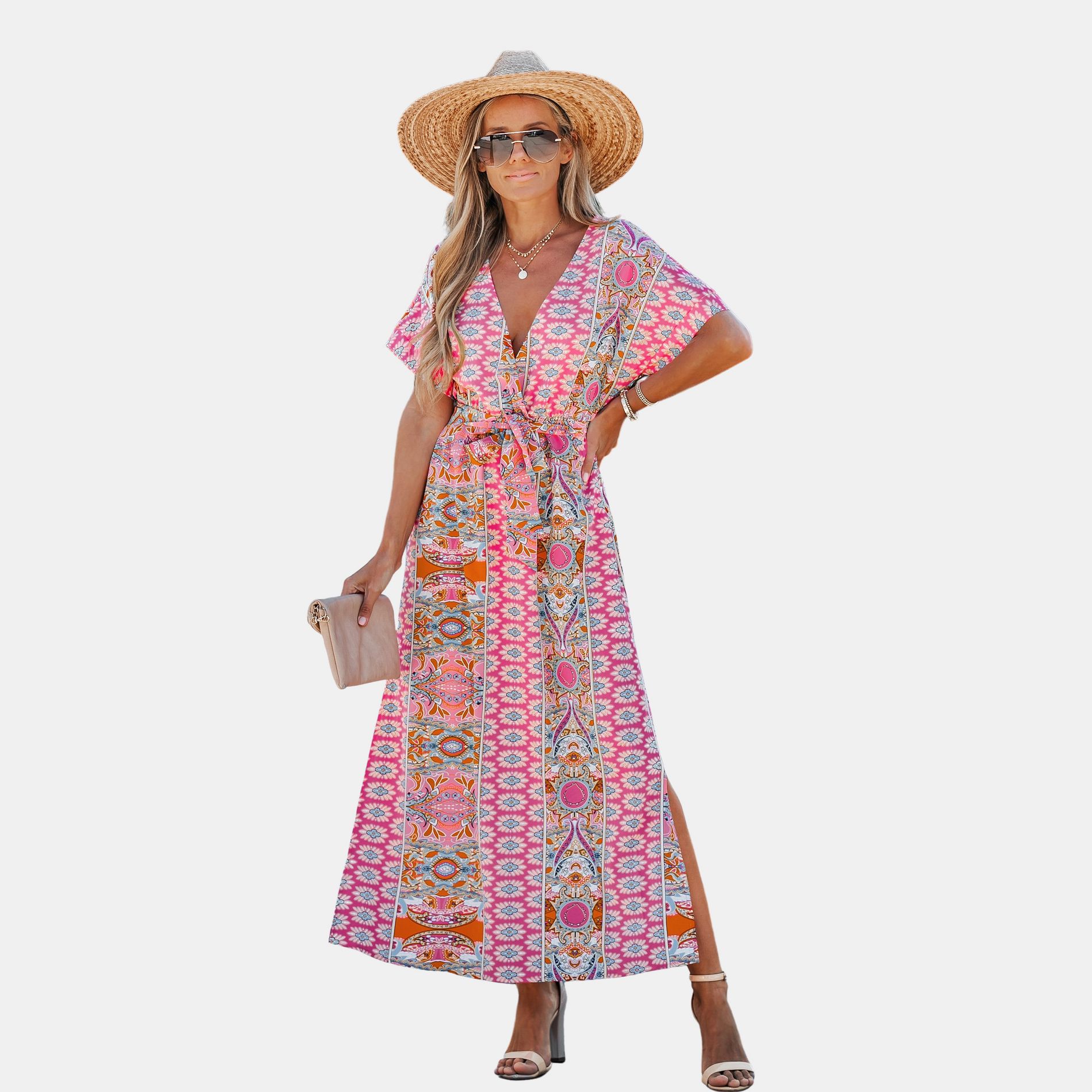 Women's Vibrant Boho Maxi Dress with Alluring Print - Cupshe-S-Pink
