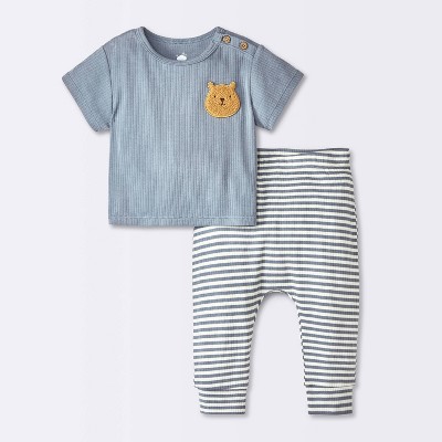 Baby Striped Modal Ribbed T-Shirt & Pants Set - Cloud Island™ Blue 3-6M