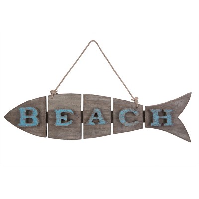 Beachcombers Fish Shape Coastal Plaque Sign Wall Hanging Decor Decoration For The Beach With Beach 24.75 x 6.5 x 0.5 Inches.