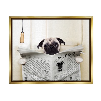 Stupell Industries Pug Reading Newspaper in Bathroom