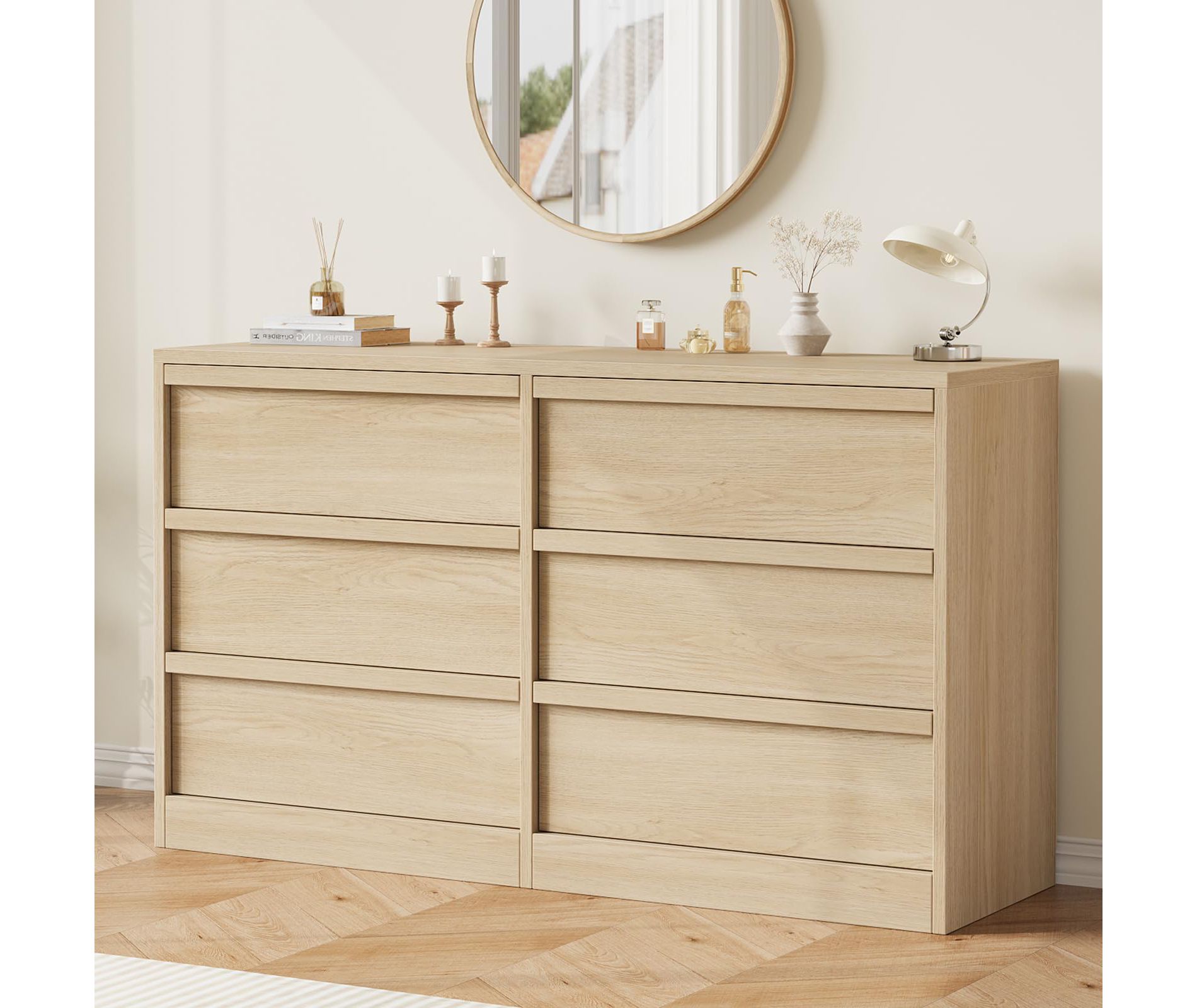 Garvee Modern Double Dresser Organizer with 6 Drawers Large Storage, Wooden Chest of Drawers for Living Room, Bedroom, Nursery, Hallway - Natural Wood