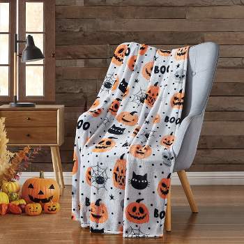 Kate Aurora Halloween BOO! Pumpkins & Spiders Ultra Soft & Plush Oversized Accent Throw Blanket - White