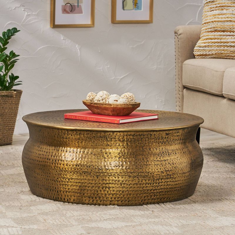Blairmont Modern Handcrafted Aluminum Drum Coffee Table Aged Brass - Christopher Knight Home, 3 of 10