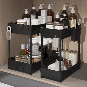 Aoibox Under Sink Organizer 2 Pack Multi-Purpose Bathroom Kitchen Storage Shelf with Hooks Hanging Cup Black Durable Space Saving - 1 of 4