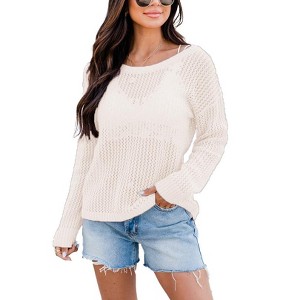 Women's Crochet Tops Long Sleeve Hollow Out Beach Summer Sweater Boho Knit Coverup - 1 of 1