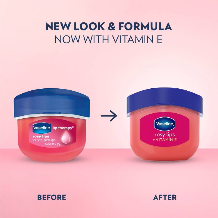 Two containers of Vaseline lip balm are shown, with the "before" labeled as "rosy lips" and the "after" labeled as "rosy lips + vitamin E."