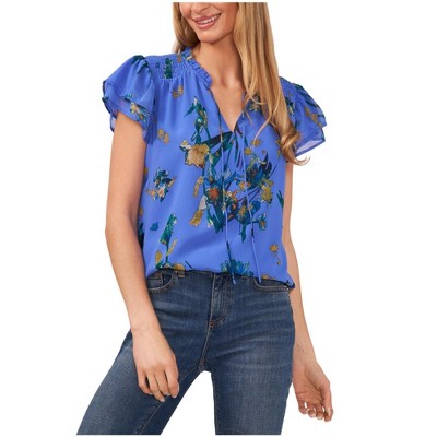 CeCe Womens Tie Neck Tier Flutter Floral Ruffled Blouse