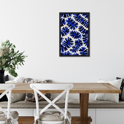 Modern Blue and Black Leaf Motif Framed Canvas Wall Art 16 x 23 inches