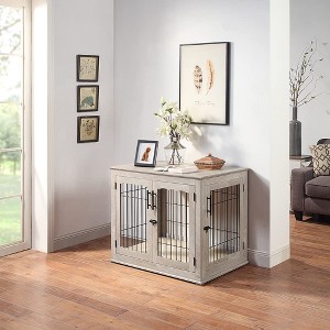 unipaws Wire Bar Dog Crate End Table – Double Doors, Wooden Furniture Style - 1 of 4